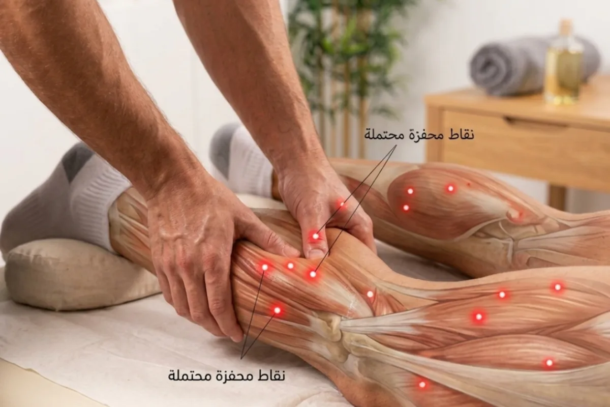 رسم توضيحي لتحرير النقاط المحفزة: يدا المعالج تضغطان على عضلة الساق، مع تحديد مواضع نقاط محفزة محتملة على مسار العضلات